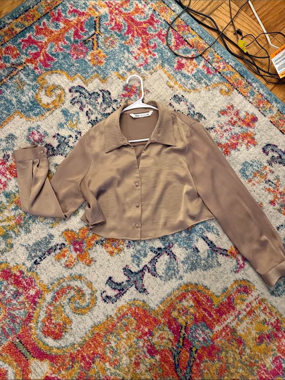 Zara Cropped Button-Front Shirt in Taupe